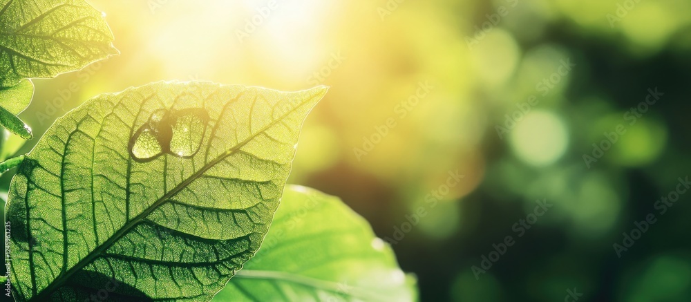 Poster Dew drop on vibrant green leaf glistening in sunlight with soft blurred background creating a natural serene atmosphere.