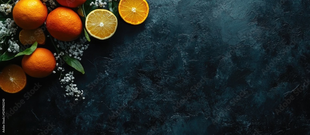 Aufkleber vibrant citrus fruits arranged on dark surface with green leaves and space for creative text or bran