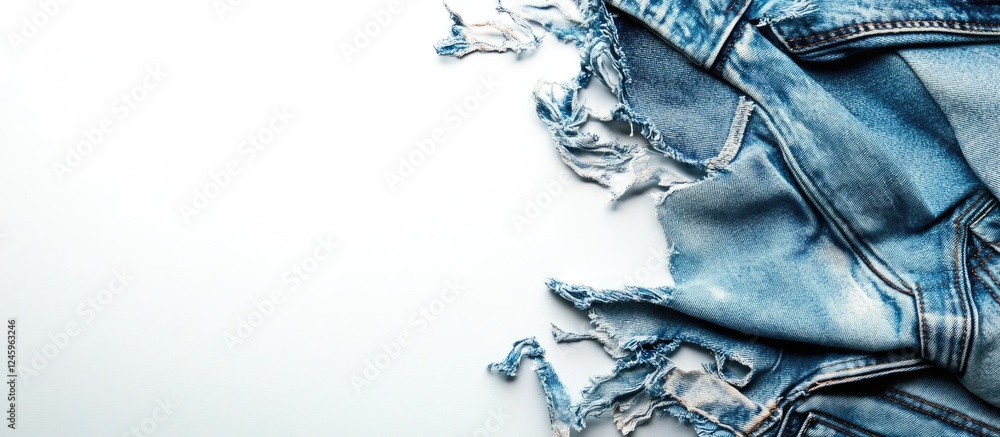 Poster distressed denim jeans isolated on white background with ample empty space for creative text or bran