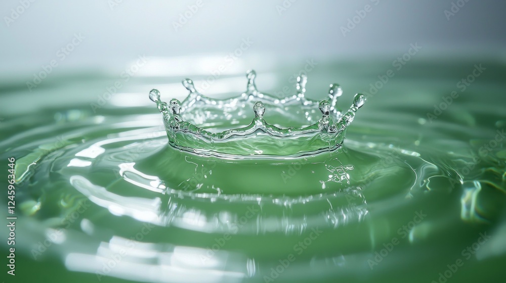Poster Droplets break the surface creating a mesmerizing crown shape, surrounded by ripples in calming green tones. Nature’s delicate art contrasts with its vibrant hues