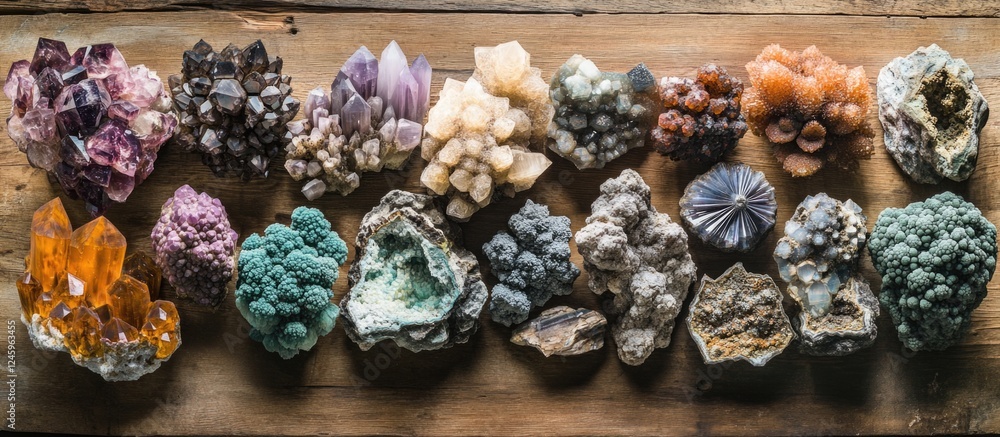 Poster assorted minerals and gemstones displayed on rustic wooden table showcasing natural textures and col