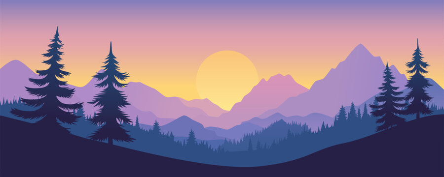 Sunrise in the mountains vector landscape illustration. Beautiful mountain landscape with forest silhouettes in purple colors. Travel to the mountains. Hiking travel and climbing concept.