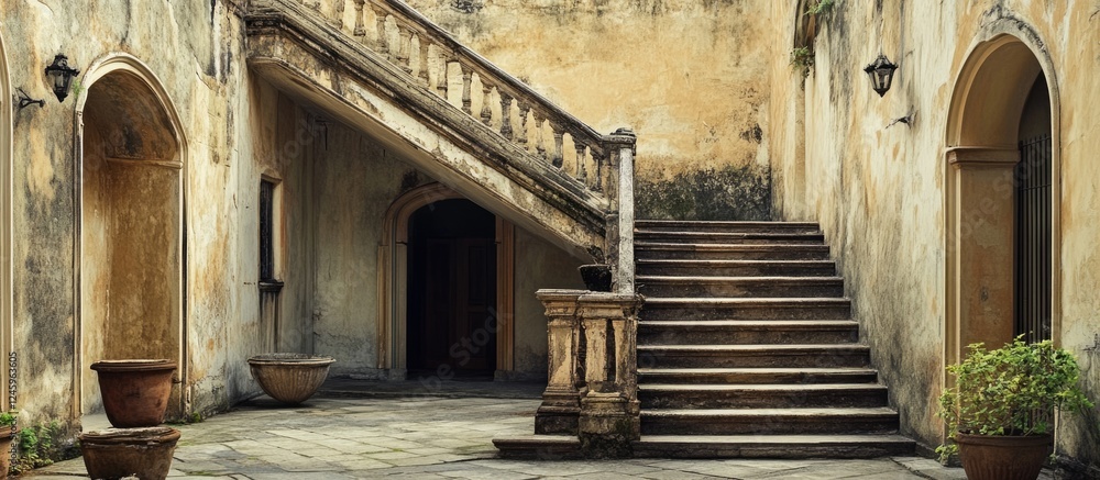 Aufkleber Aged courtyard with ornate staircases and textured walls creating a serene backdrop for text or decorative elements.