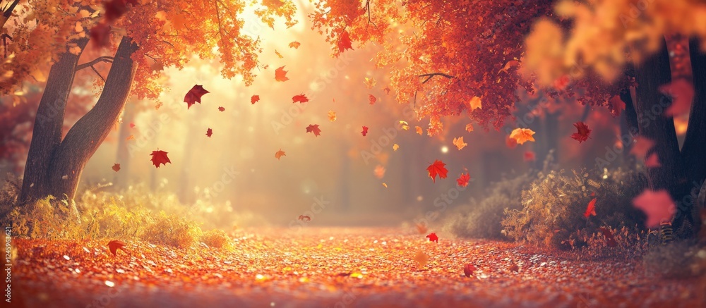 Aufkleber Autumn foliage colors with golden and red leaves falling in a serene forest setting illuminated by soft sunlight.