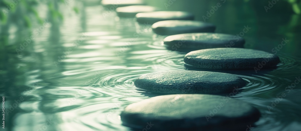 Poster tranquil stone pathway over crystal clear water surface in serene natural setting with gentle ripple