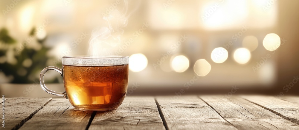 Poster cozy cup of tea with steam on wooden table in softly blurred background enhancing warm and inviting 