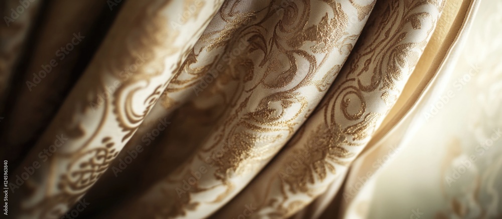 Poster Elegant fabric curtain texture with intricate patterns for stylish background use in interior design and decoration projects.