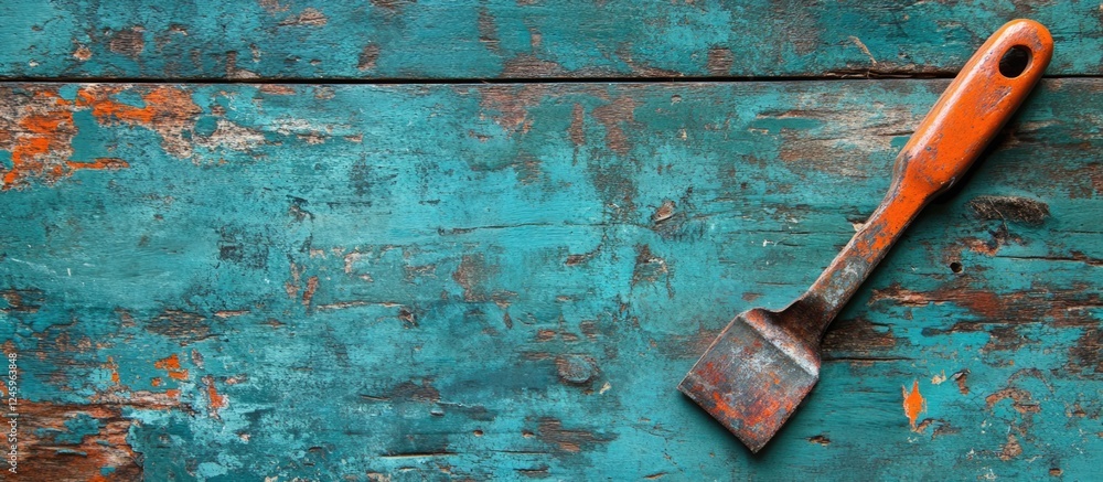 Poster weathered wooden table surface with an antique scraper tool and ample blank space for text or design