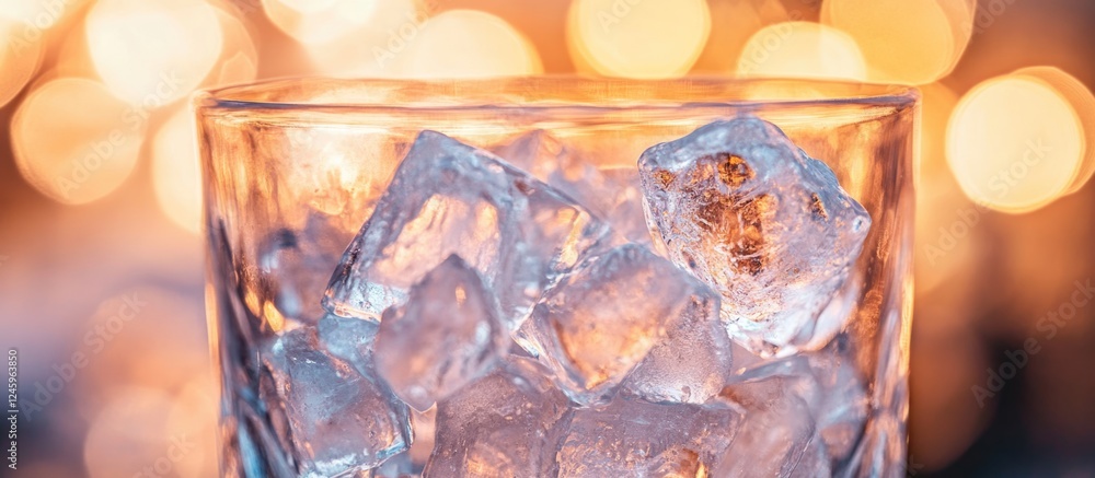 Fototapete Crushed ice in a glass creating an abstract background with vibrant bokeh highlights illuminated by warm seasonal tones.