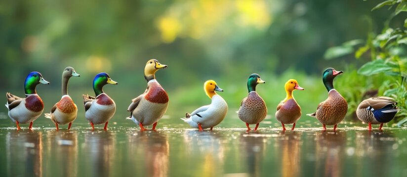Colorful mallard ducks arranged in a line beside a serene pond during golden hour in a natural setting.
