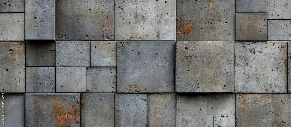 Poster Seamless texture of a concrete block wall with a mix of grey tones and weathered patches ideal for architectural and design backgrounds