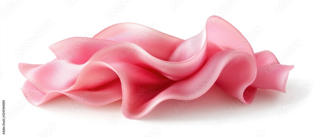 Poster delicate curled pink ribbon with soft highlights elegantly arranged on a white background showcasing