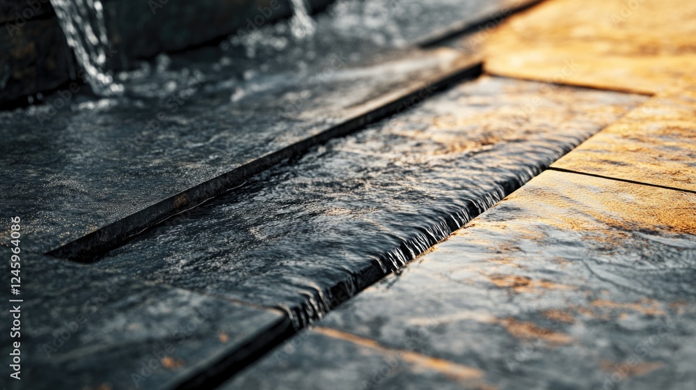 Aufkleber flowing water over textured stone surface with natural reflections and ample space for text or graph