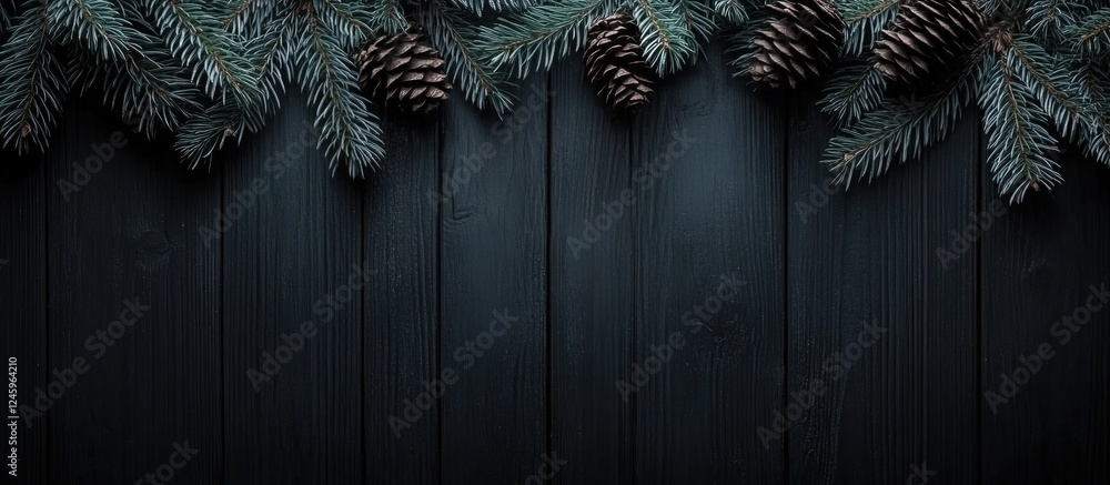 Poster dark wooden backdrop with fir branches and pine cones creating a festive atmosphere and empty space 
