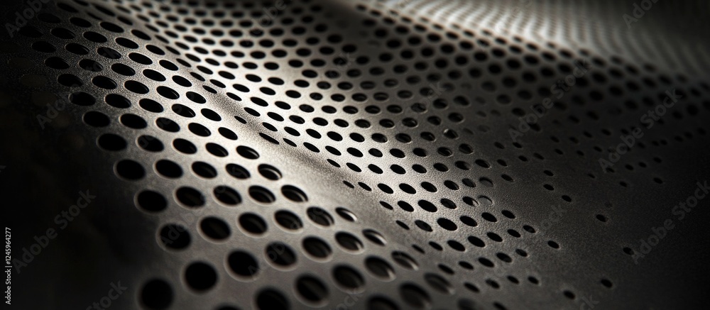 Poster Curved perforated metal sheet texture in close-up monochrome creating a dramatic visual effect with light and shadow.