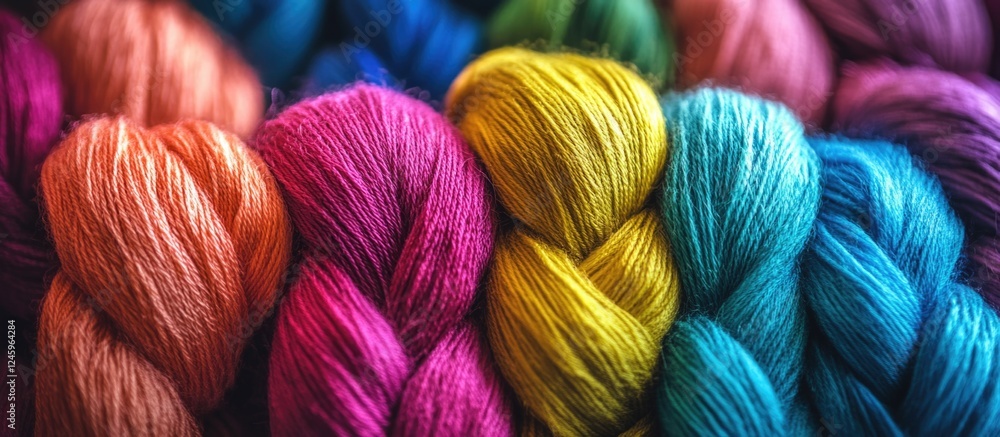 Poster vibrant colored threads intricately intertwined showcasing texture and depth in fabric design and te