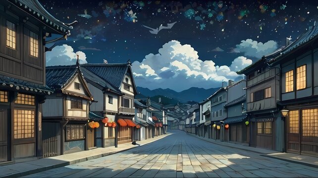 ゲーム背景　江戸時代の頃の日本の城下町をイメージしたファンタジー都市風景