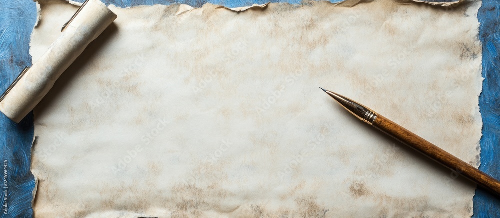 Aufkleber creative workspace featuring a blank parchment with a brush and scroll, ideal for showcasing artisti