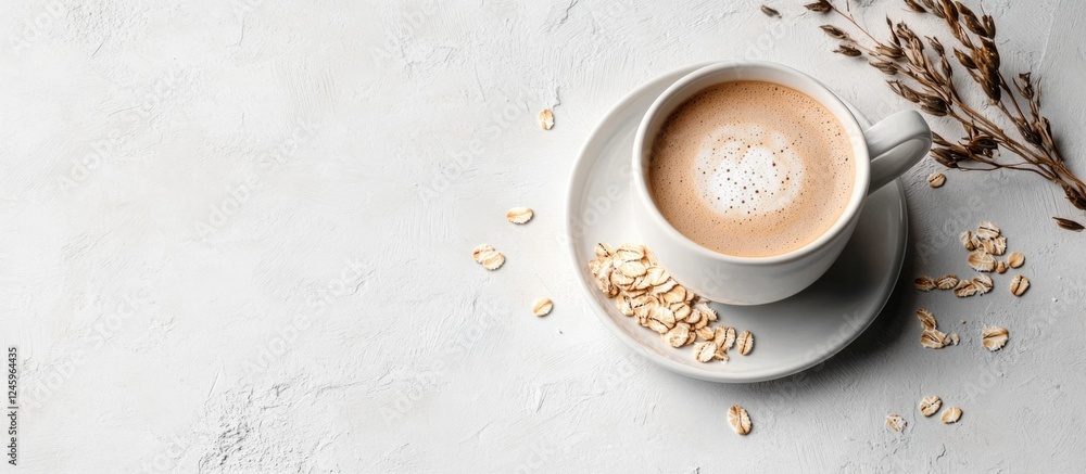 Poster Cup of coffee with oats on a light textured background ideal for text overlays and branding in food and beverage concepts
