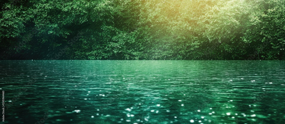 Aufkleber Serene green lake with shimmering water surface and natural backdrop creating perfect text space for serene-themed projects.