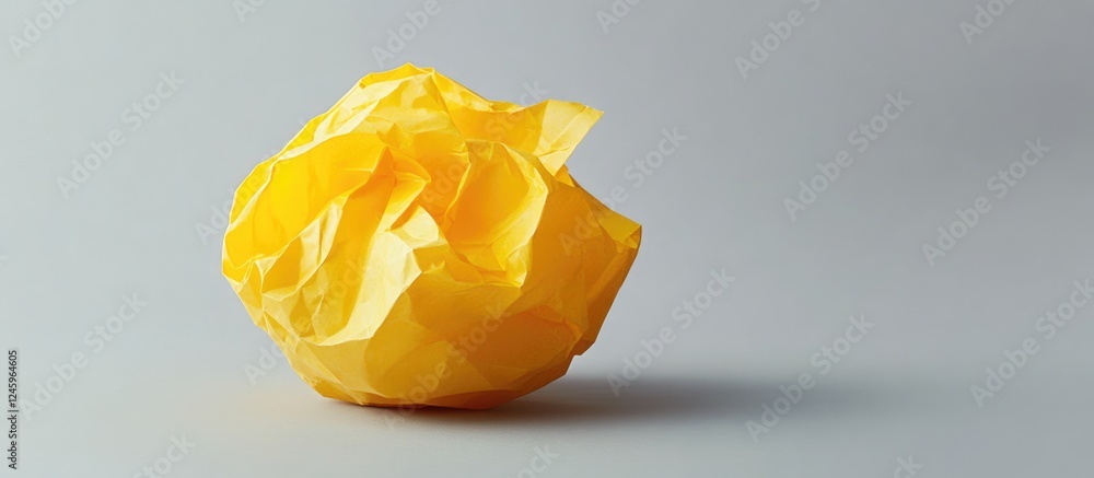 Poster crumpled yellow paper ball on a simple gray background representing creativity and discarded ideas i