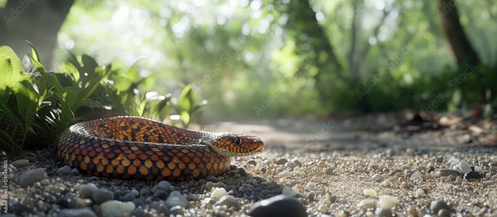 Poster Curious snake resting on a gravel path in a lush forest setting with soft sunlight filtering through the trees.