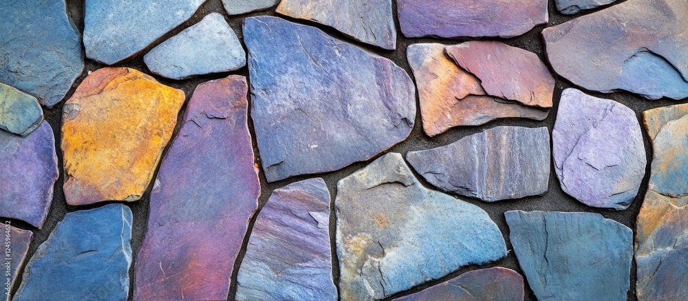 Poster Abstract colorful stone pavers in various shapes and sizes creating a textured outdoor patio background ideal for design and decoration projects