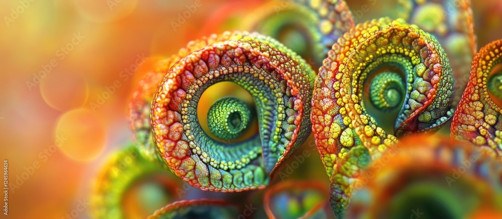 Poster vibrant and intricate curled croton leaves showcasing a captivating array of colors in a soft-focus 