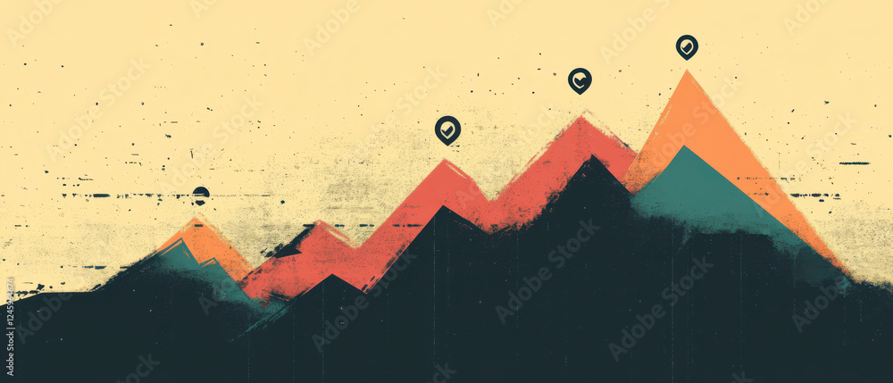 Poster growth curve overlayed with alert symbols, representing business trends and analytics. vibrant color
