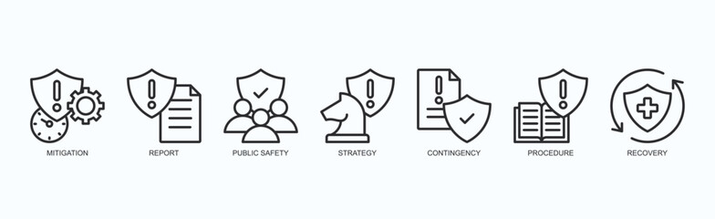 Fototapeta premium Strategic Shield Icon Set Isolated Vector Illustration Concept With Icon Of Mitigation, Report, Public Safety, Strategy, Contingency, Procedure, Recovery In Outline Style