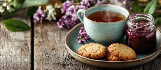 Fototapeta premium Cup of herbal tea with homemade cookies and jam on a rustic wooden background for a cozy morning breakfast setting