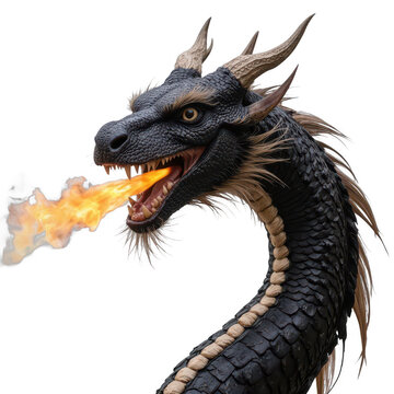 Fierce dragon breathing fire, mythical creature with sharp scales and intimidating presence, ideal for fantasy themes and artwork. Isolated on white background or PNG