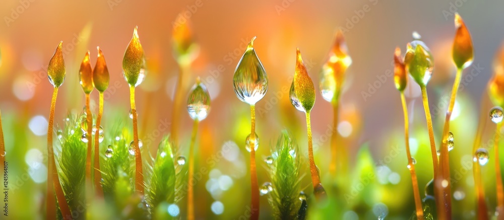 Poster sphagnum moss in natural habitat with dew drops showcasing vibrant greenery and texture in soft natu