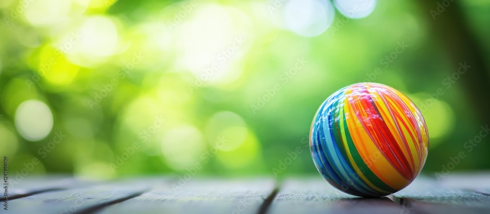 Poster Vibrant multicolored ball on wooden surface with blurred green background creating a playful and cheerful atmosphere.