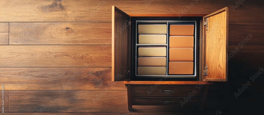 Poster organizational drawer with open cabinet door showcasing dividers and ample empty space for text or b