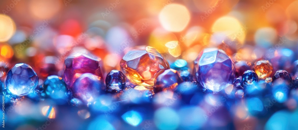Poster vibrant close-up of backlit colorful crystal glass gems creating an abstract bokeh background with r