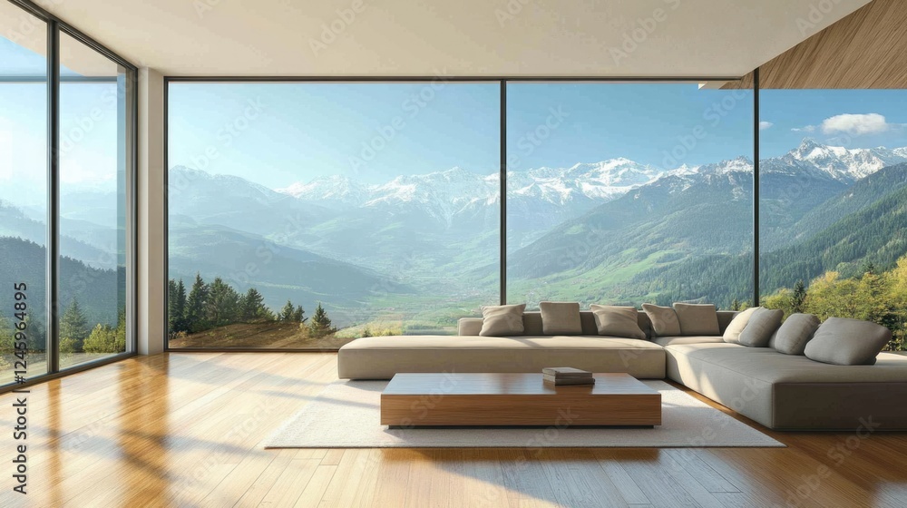 Aufkleber modern minimalist living room with large windows showcasing a mountain view and spacious layout idea