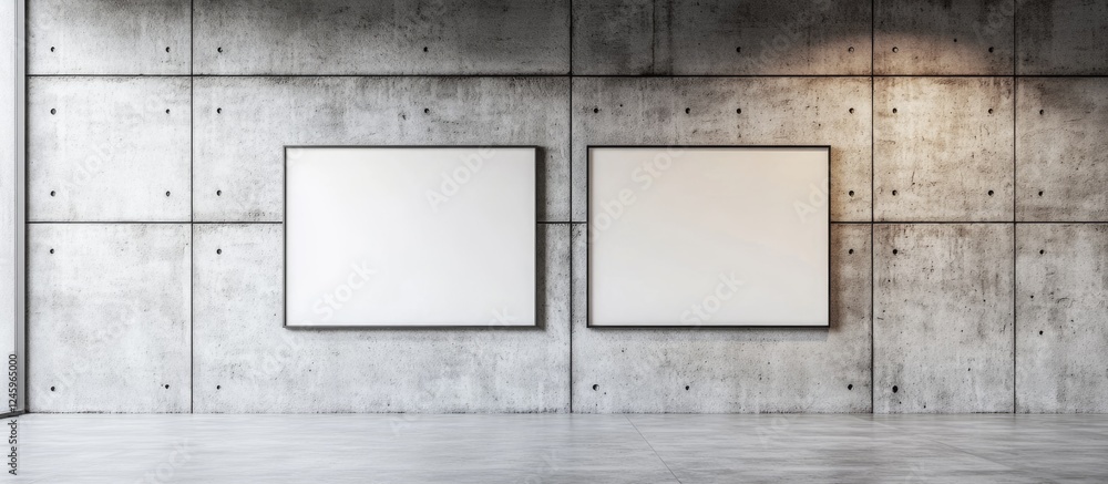 Aufkleber Modern Concrete Wall with Two Framed Posters and Blank Area for Custom Text or Artwork Display in a Spacious Living Room Setting