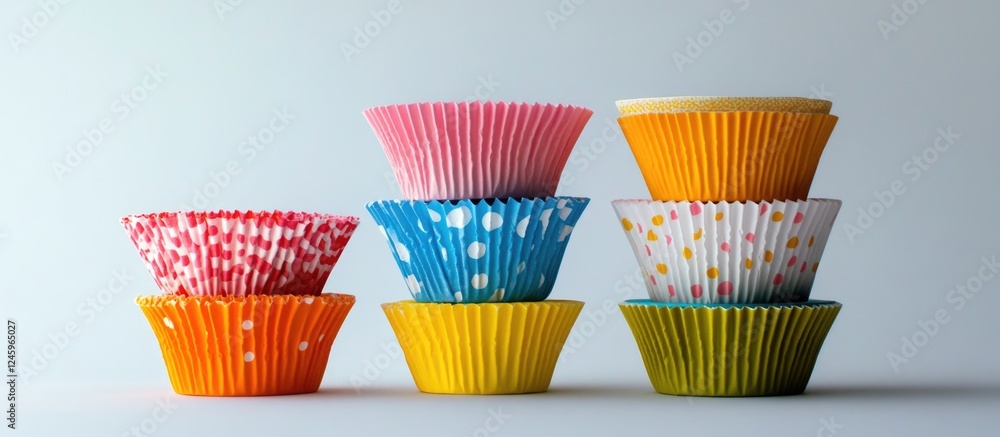 Poster colorful cupcake baking cups stacked on a white background showcasing a variety of vibrant designs a
