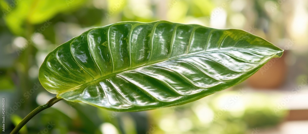 Poster close-up view of lush green leaf showcasing intricate texture against a soft blurred background in n