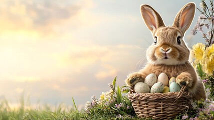 Easter day celebration with pastel tone easter eggs enchanted garden cute bunny sunrise view