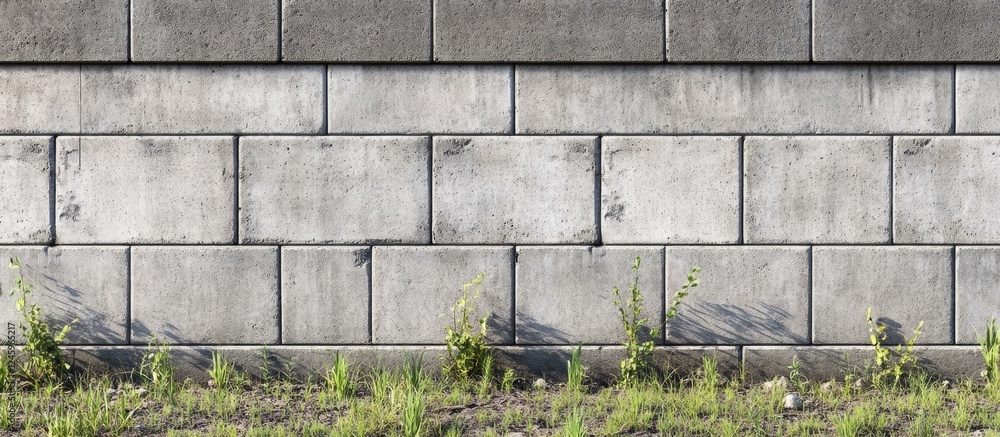 Poster seamless concrete block wall texture with cinder bricks at construction site featuring greenery at t