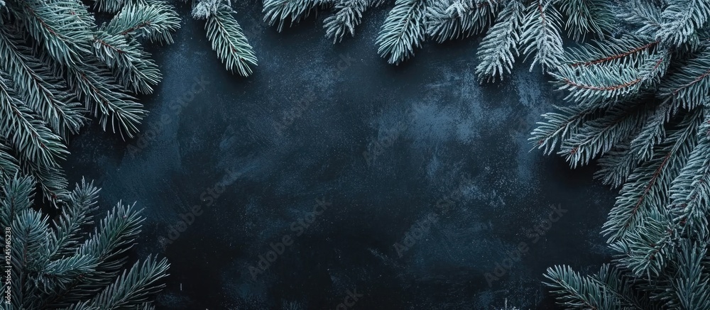 Poster spruce branches framing a dark chalkboard surface creating a serene and elegant background for seaso