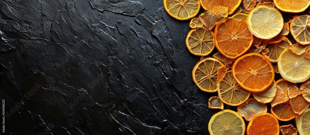 Poster dried citrus fruit slices arranged on a dark slate background with ample space for text or branding 