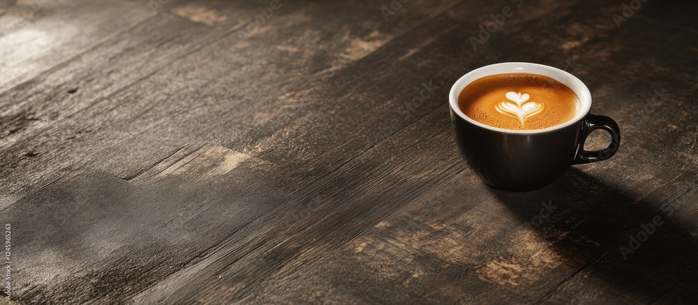 Aufkleber Espresso coffee served in a black cup on a rustic dark wooden table creating a warm and inviting atmosphere for coffee lovers