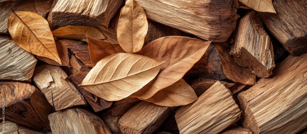 Aufkleber dry teak leaves mixed with stacked wooden logs creating a natural textured background for rustic the