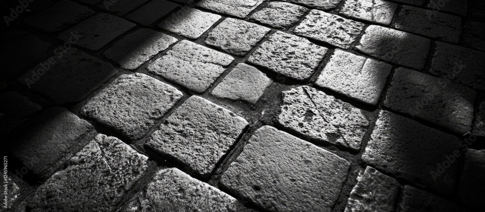 Poster Textured cobblestone pavement of Prague's streets with dramatic shadows highlighting the unique shape and pattern in black and white.