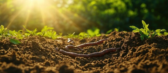 Curved earthworm castings on soil surface with sunlight illuminating lush green background in an outdoor garden setting