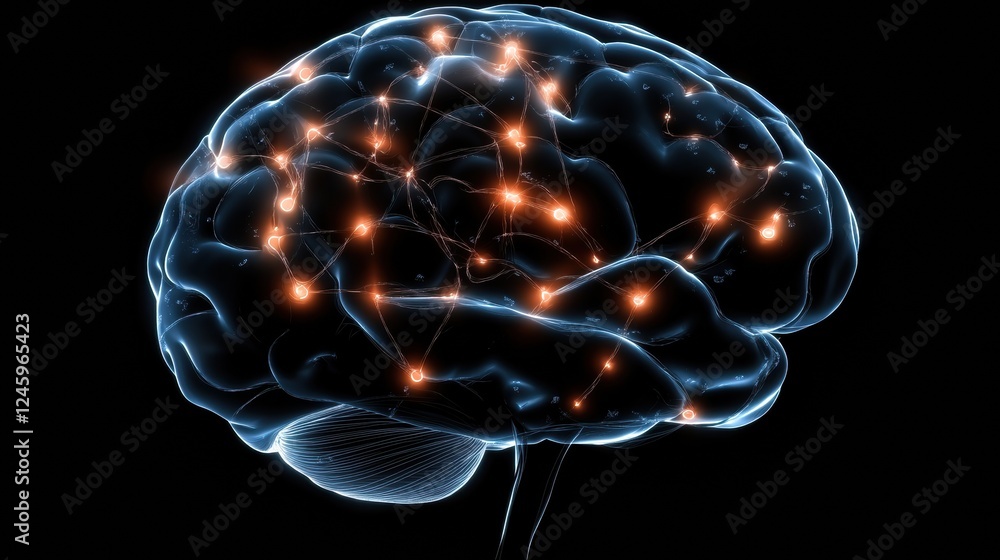 Poster scientific illustration of the brain and nervous system showcasing glowing neuron pathways and elect