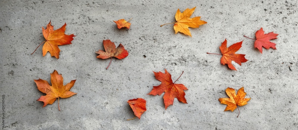 Poster dry autumn maple leaves scattered on gray concrete surface top view with negative space for text or 